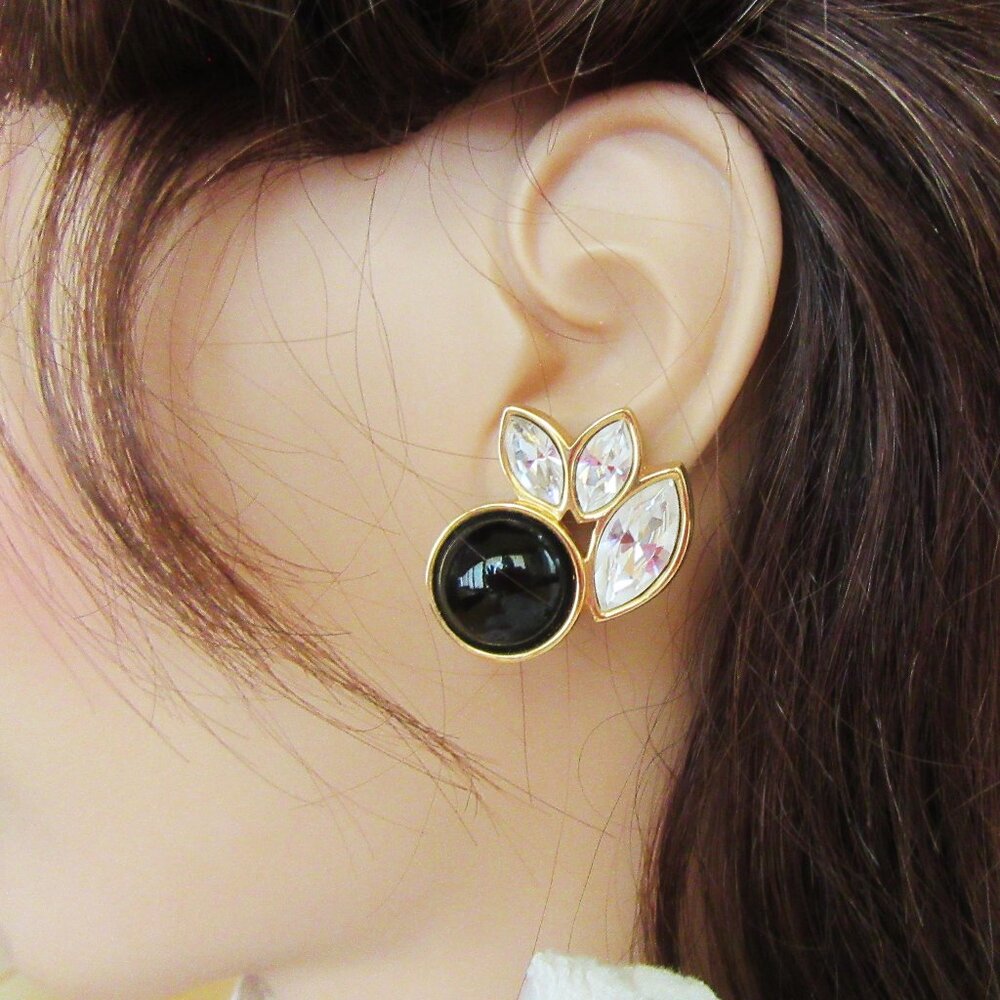 Vintage Swarovski S.A.L. pierced earrings with clear marquise cut stones & onyx